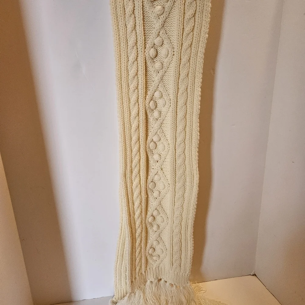 Handmade Chunky Knit Scarf Cream Fringe Winter Cable Knitted Upcycled Yarn 60